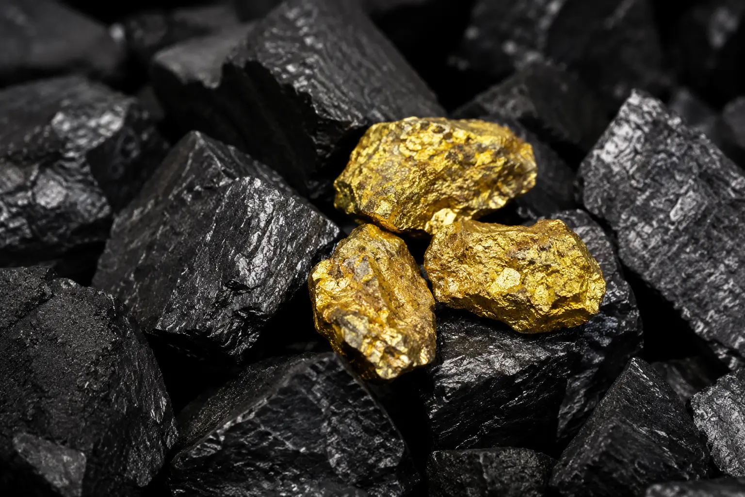 Close-up of rough natural gold nuggets resting among dark black rocks, showing detailed metallic and mineral textures.