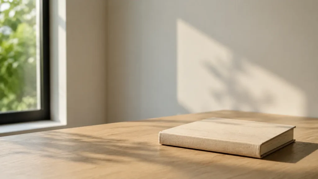 Minimal scene of a closed book resting on a wooden table in natural sunlight, representing reflection, knowledge and a deeper understanding of power, belief systems and history.
