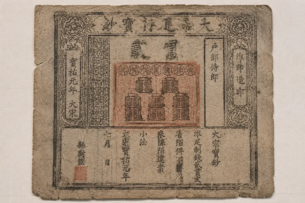 Historical reconstruction of Song dynasty Chinese paper money, showing aged paper, traditional Chinese characters, woodblock-style printing, decorative borders, and red seals.