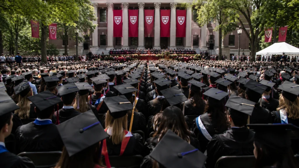 Crowded graduation ceremony representing elite overproduction and how societies collapse
