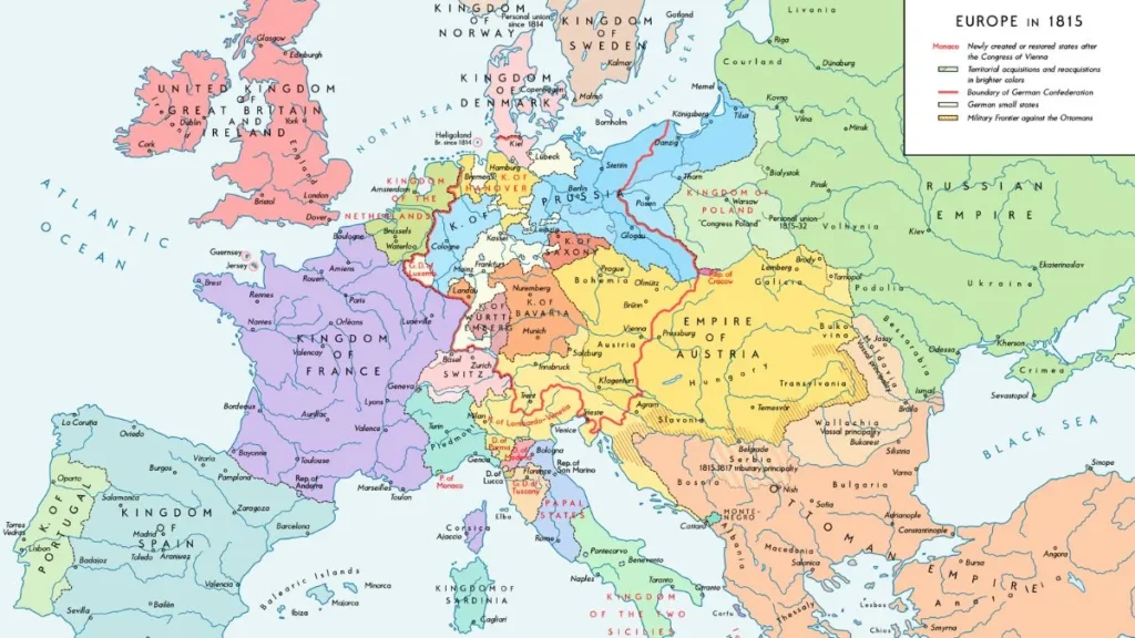 Historical map of Europe showing kingdoms, empires and political borders, illustrating how nation-states and territorial boundaries depend on shared systems of political authority and legitimacy.