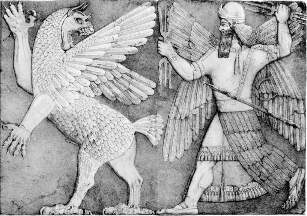 Babylonian relief of Marduk establishing cosmic hierarchy Enuma Elish
