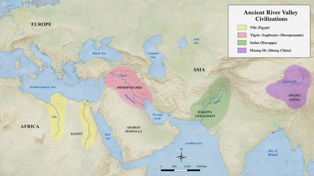 Map of four early river civilizations Egypt Mesopotamia Indus China
