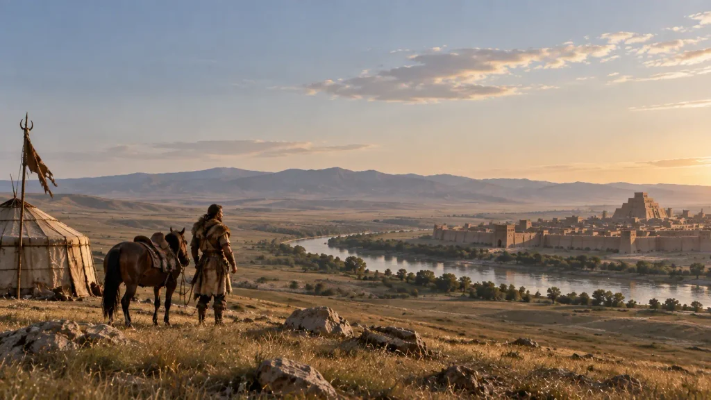 Visual contrast between mobile steppe society and dense hierarchical city