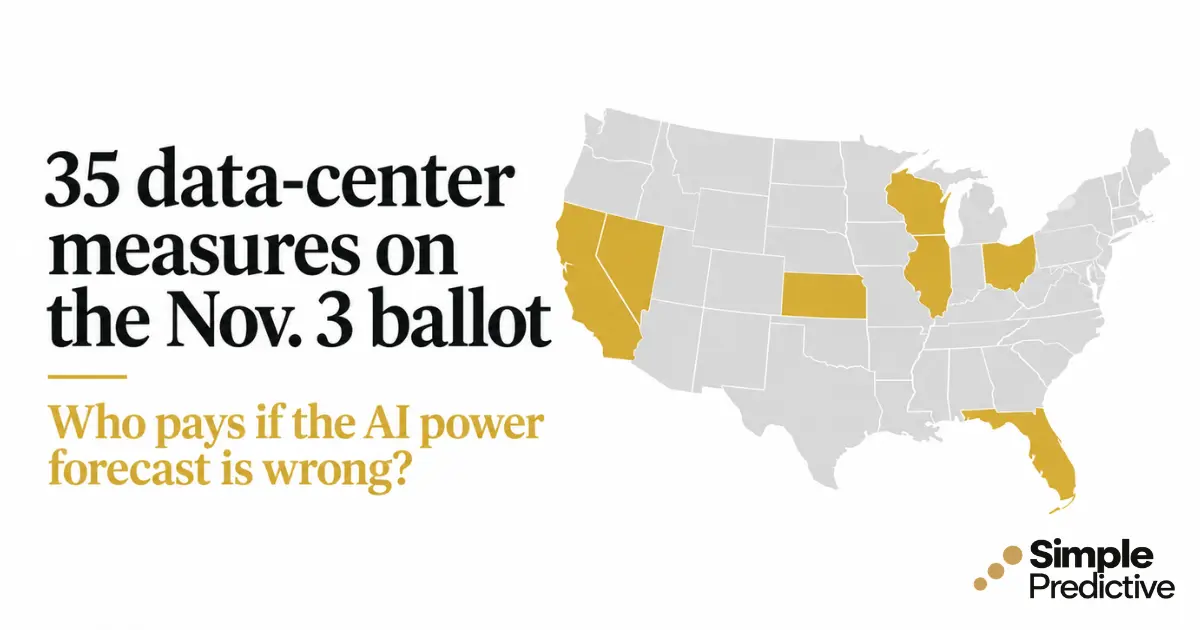 Map of the United States with Ohio, Illinois, Kansas, Wisconsin, California, Nevada and Florida shaded, with the text ‘35 data-center measures on the Nov. 3 ballot.